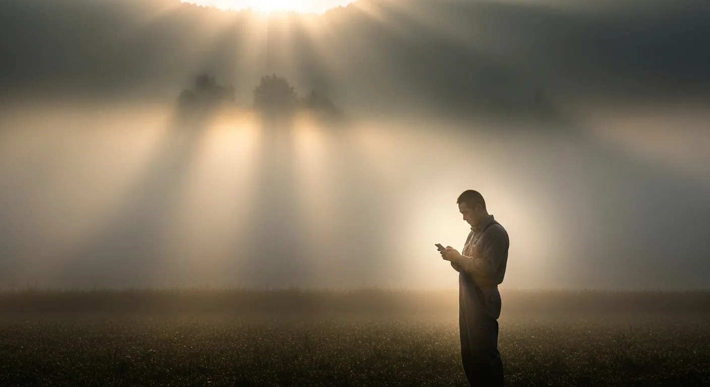 Produtor consultando o aplicativo no campo ao amanhecer